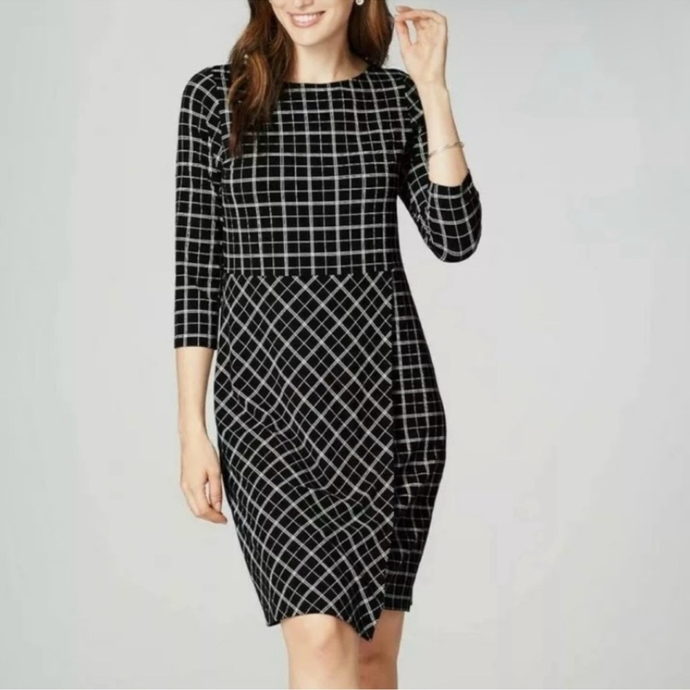 J. Jill | Women Black 3/4 Sleeve Crew Neck Wearever Checked Dress Petites PXS